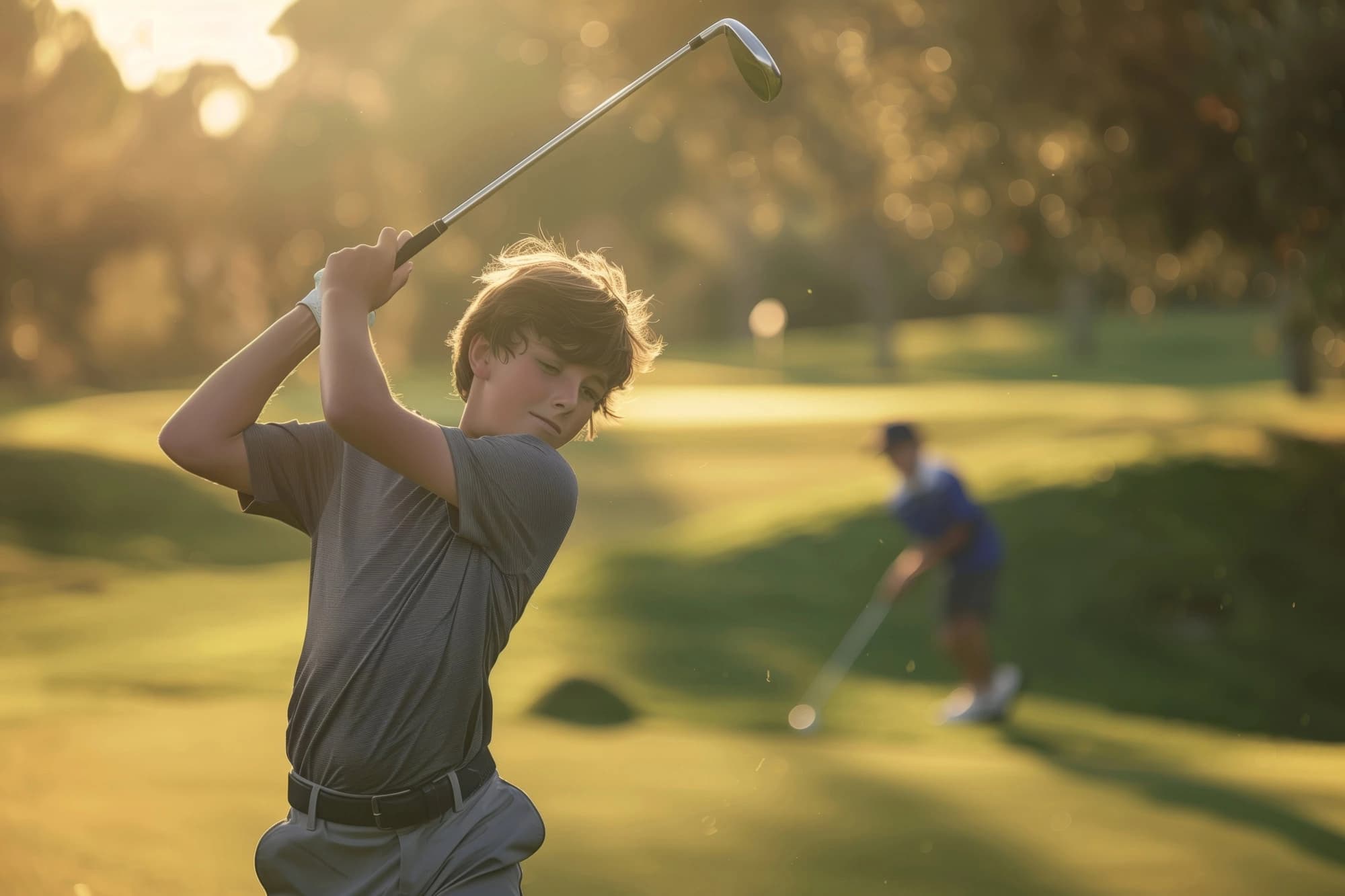 A golf instructor helping a student practice