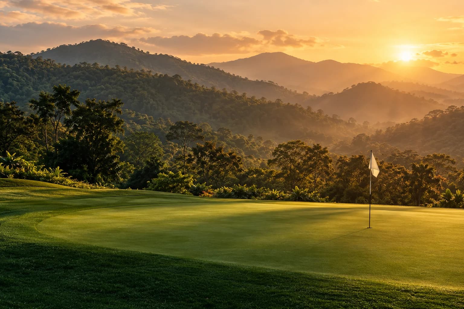 Illustrative mockup of a golf course in warm evening light