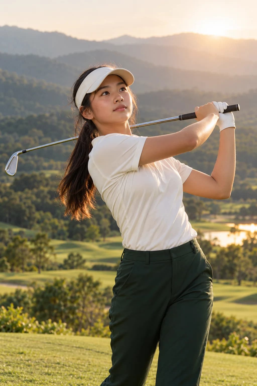 Illustrative mockup of a young golfer finishing a swing on a mountain course