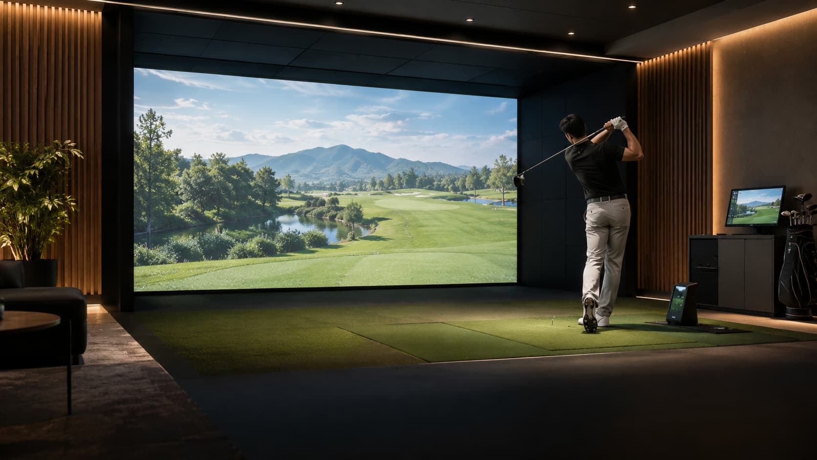 A golfer taking a swing in an indoor golf simulator